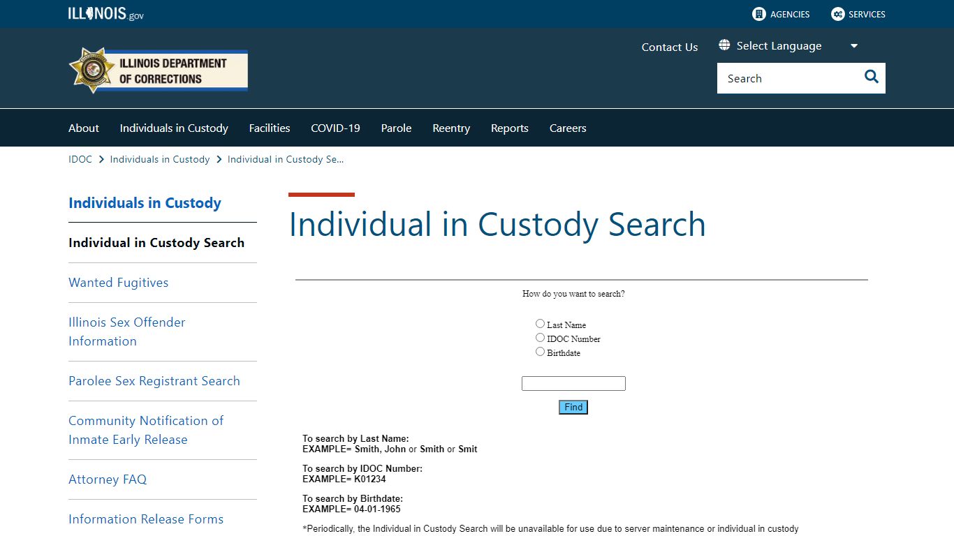 Individual in Custody Search - Illinois Department of Corrections